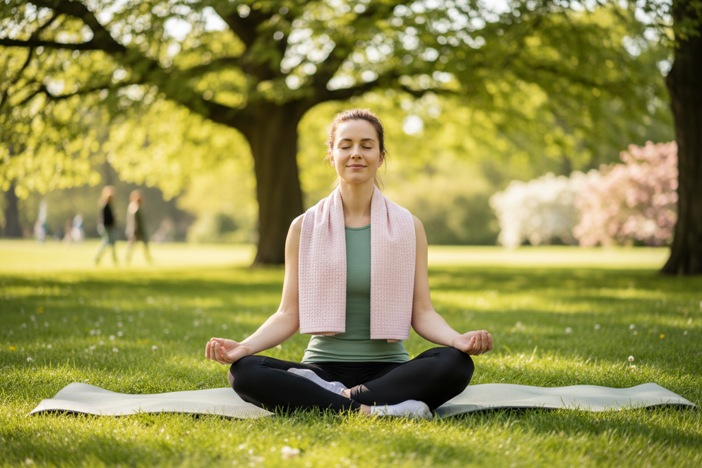 Macaron pink cooling towel - woman doing yoga outdoors with towel on shoulder