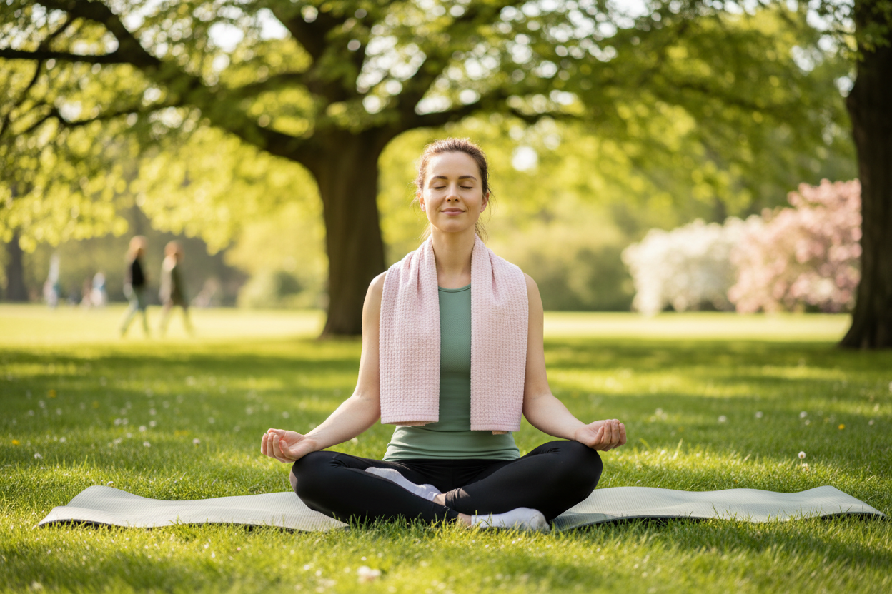 Macaron pink cooling towel - woman doing yoga outdoors with towel on shoulder