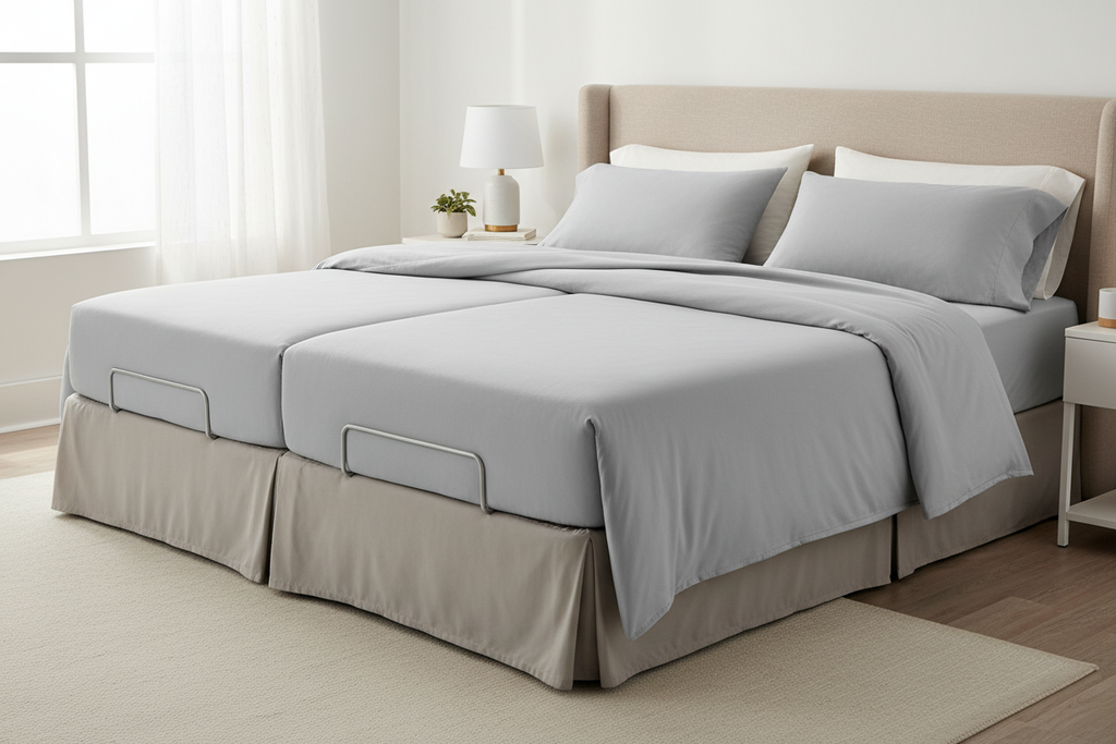 Light gray extra deep split king sheet set on adjustable bed