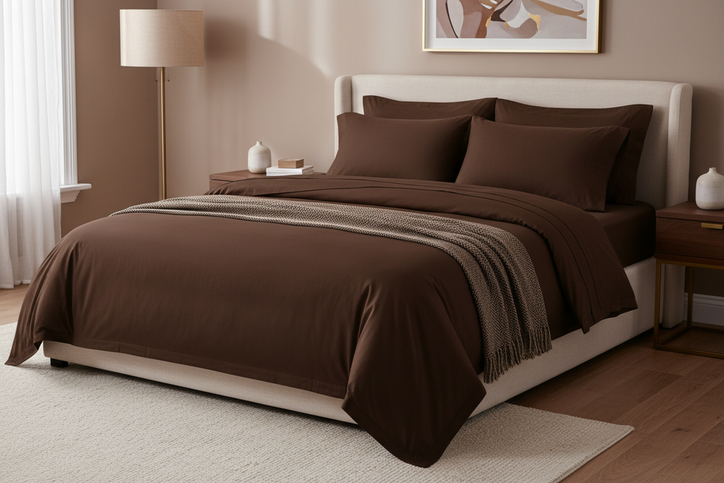 Chocolate Egyptian Cotton Bed Sheets - foot of bed view