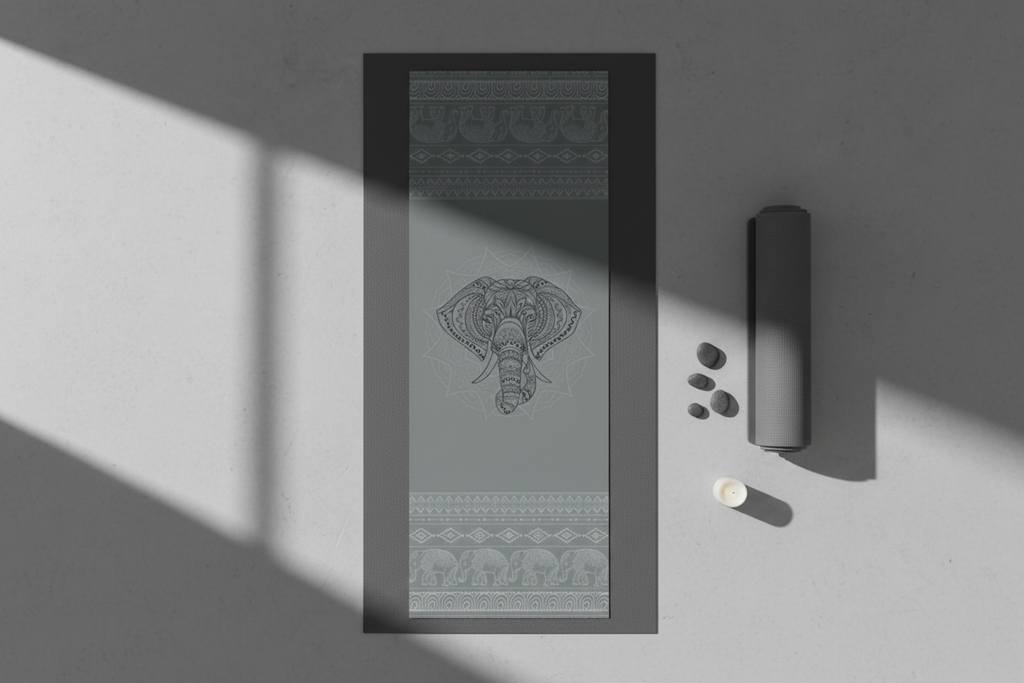 Grey tonal mandala elephant yoga towel laid flat on a yoga mat in a minimal zen studio