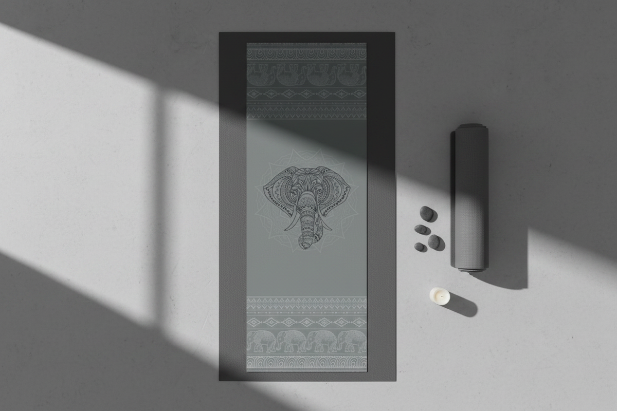 Grey tonal mandala elephant yoga towel laid flat on a yoga mat in a minimal zen studio