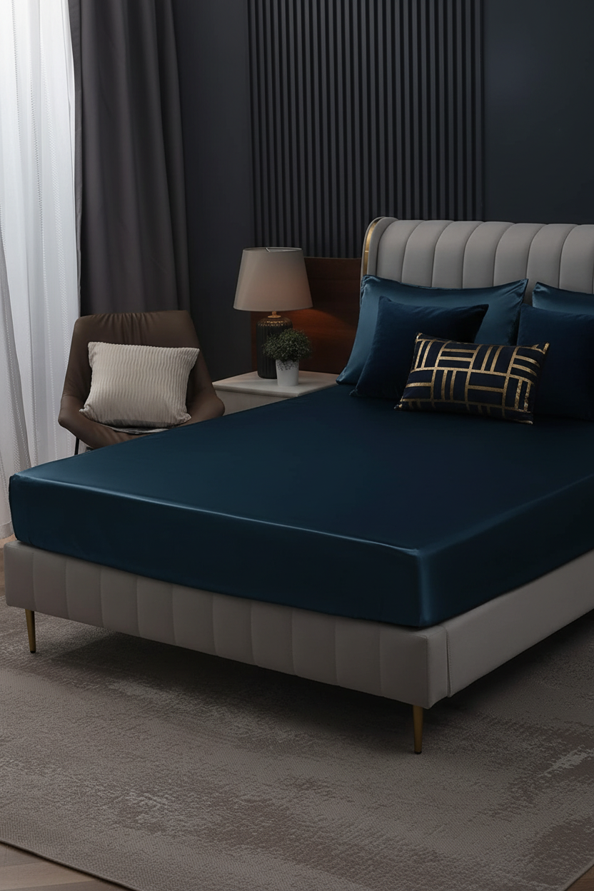 Deep sea blue satin fitted sheet in boutique hotel jewel tone bedroom