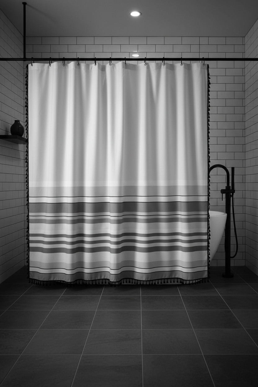White and grey striped shower curtain with black tassel fringe in a monochrome bathroom with black fixtures and subway tiles