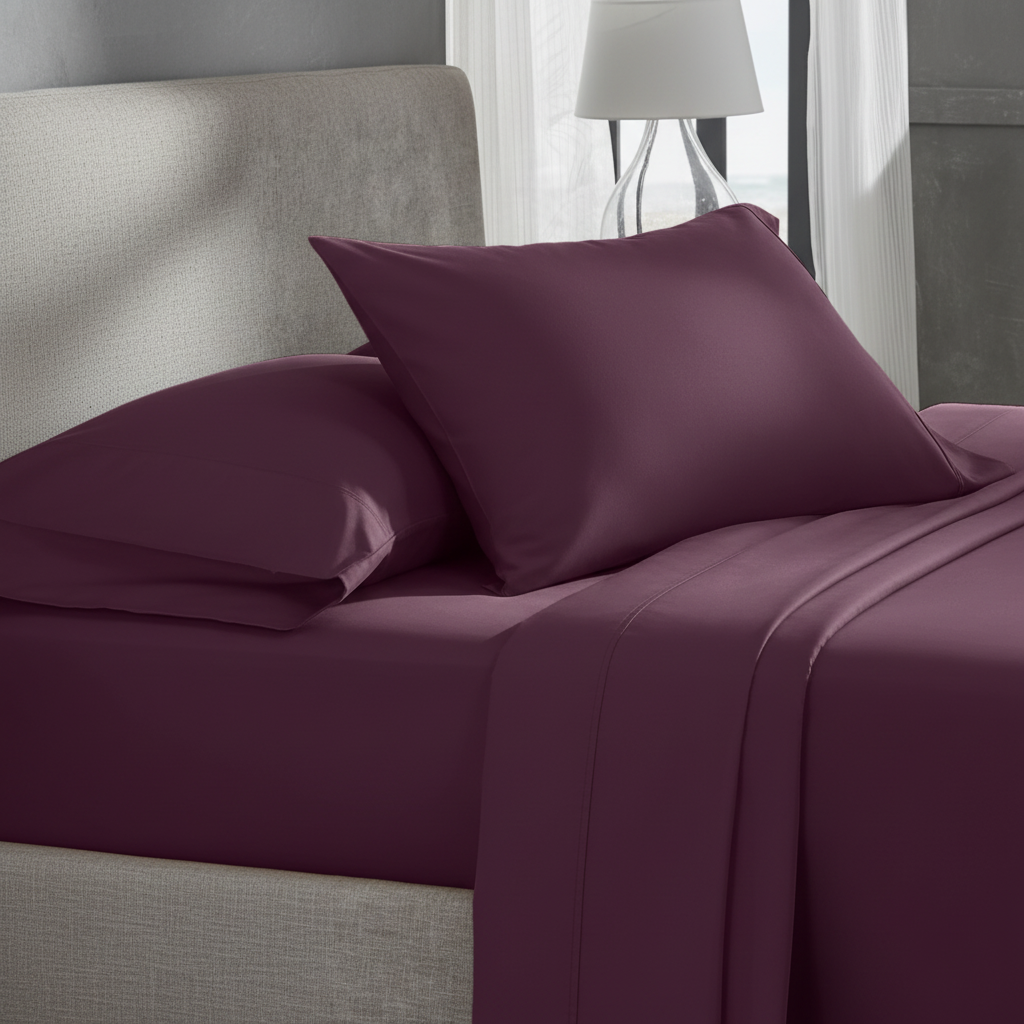 400TC Sateen Twin Sheet Set in Soft Plum - headboard and pillows close-up
