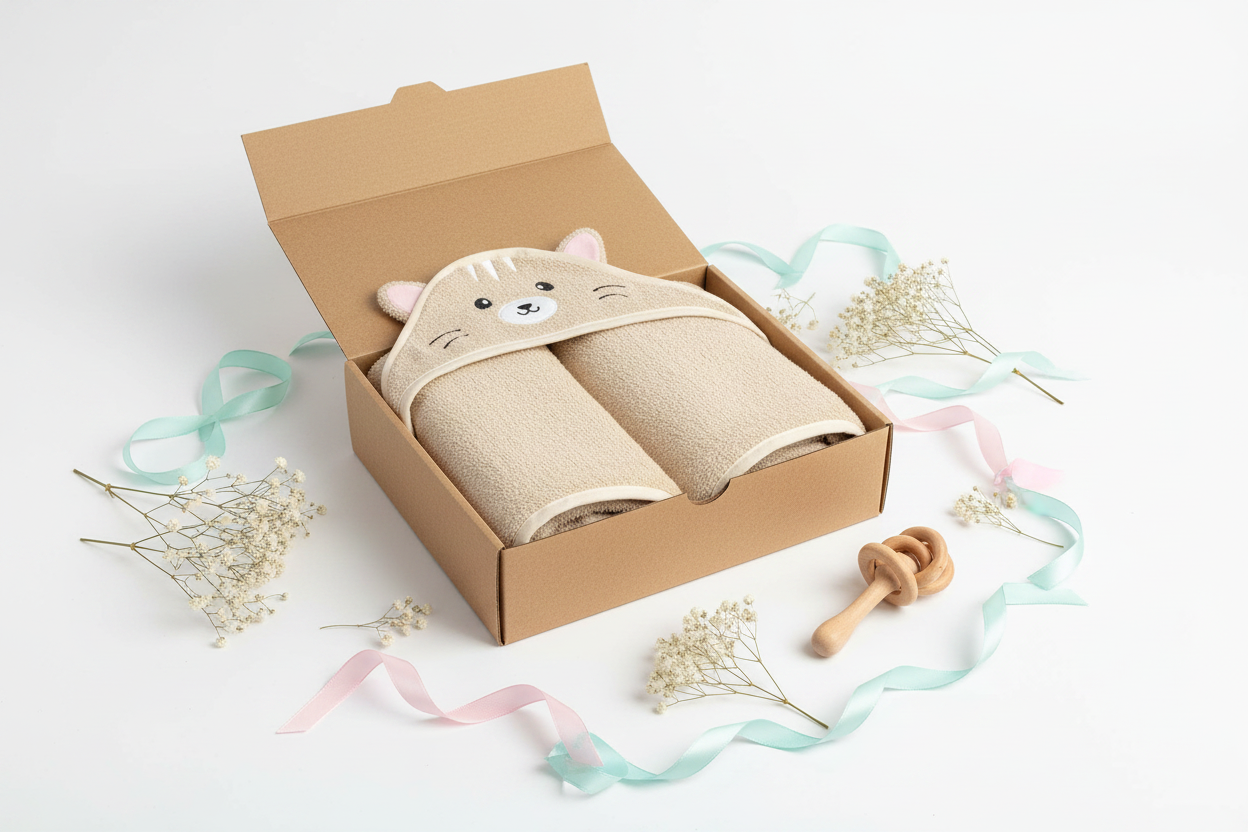 Beige bamboo hooded baby towel with cat face hood in an open kraft gift box with baby shower decorations