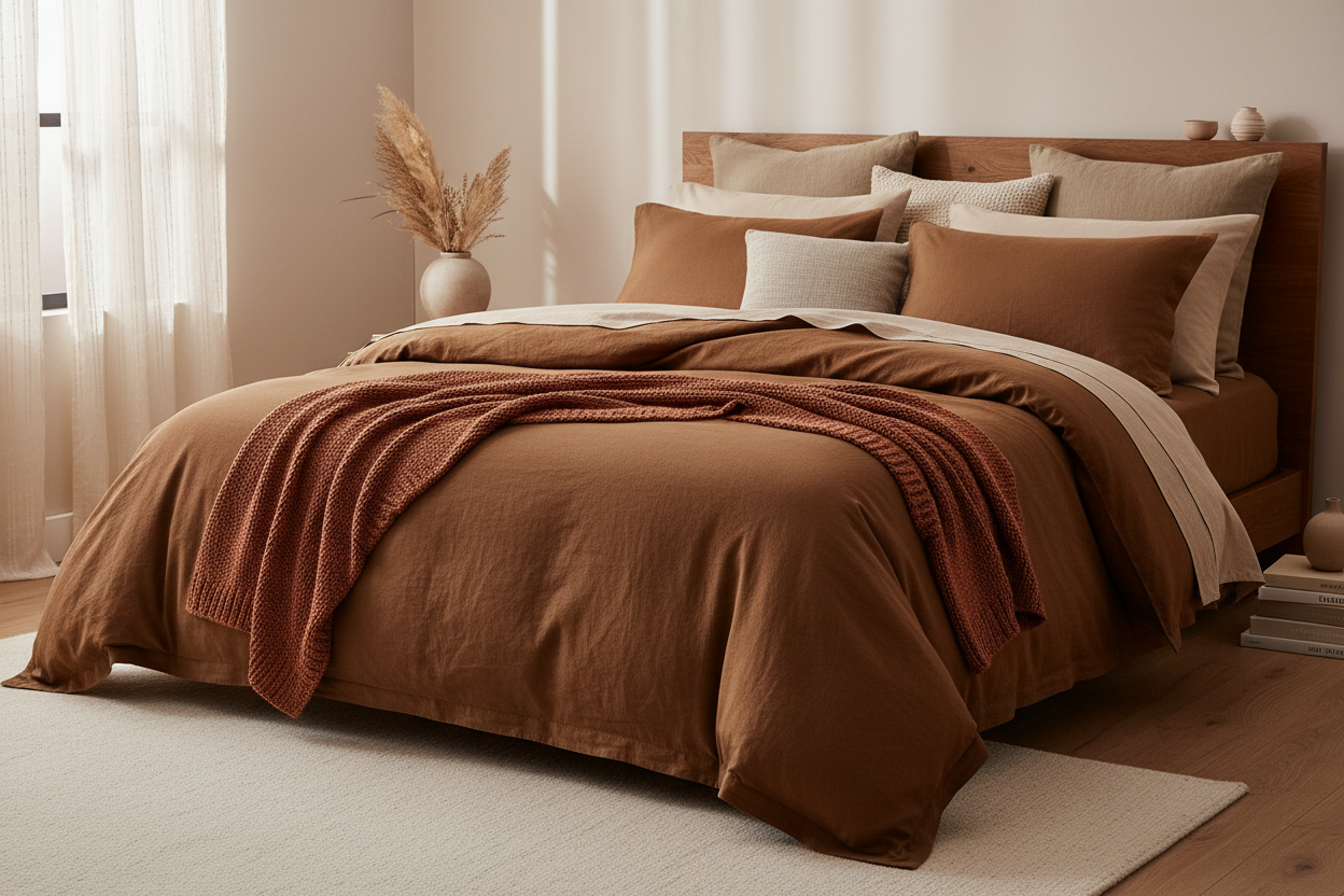 Rich brown washed cotton duvet cover set styled on a super king bed with earthy terracotta accents
