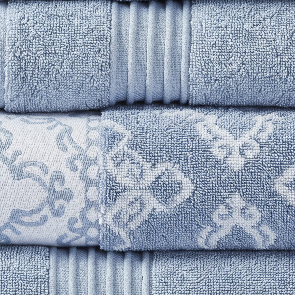 Close-up of blue jacquard towel showing yarn-dyed woven floral pattern and terry texture