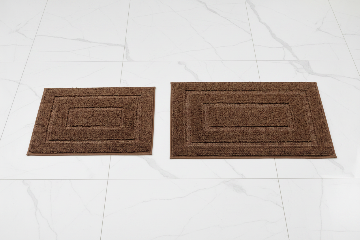 Brown bath rug set overhead shot on white marble bathroom tiles