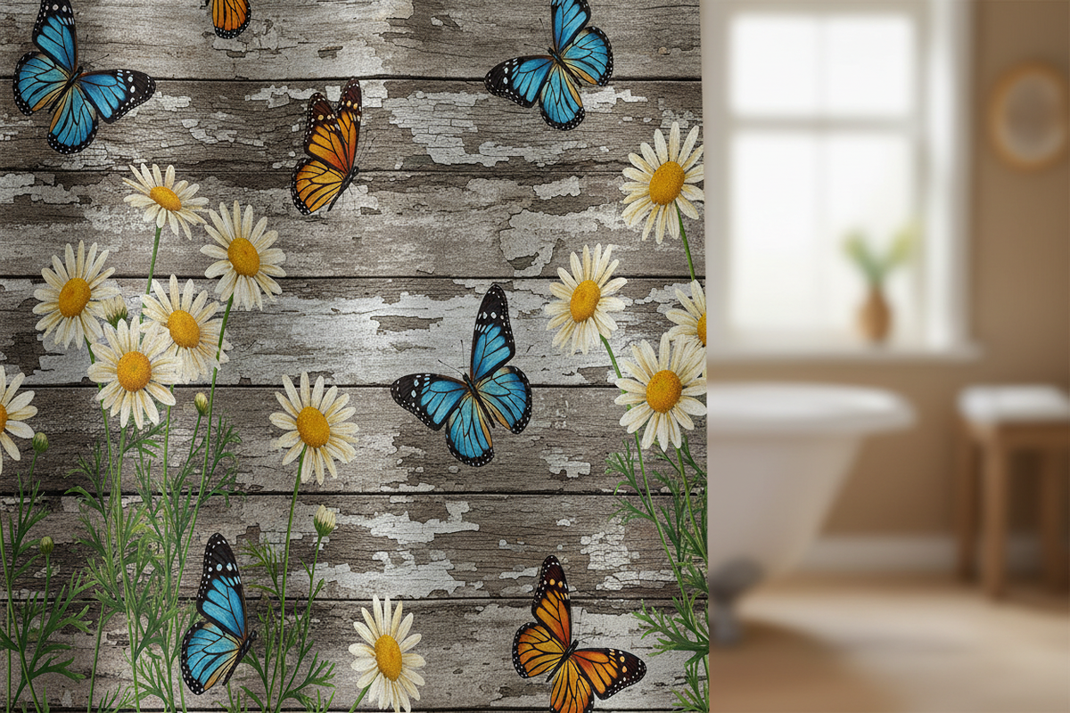 Rustic floral shower curtain close-up showing daisy and butterfly print detail