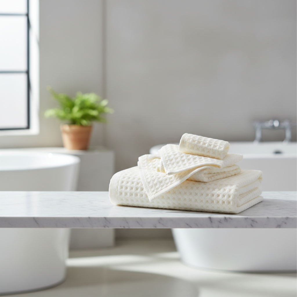 6-piece cream white waffle weave cotton towel set stacked on marble bathroom shelf