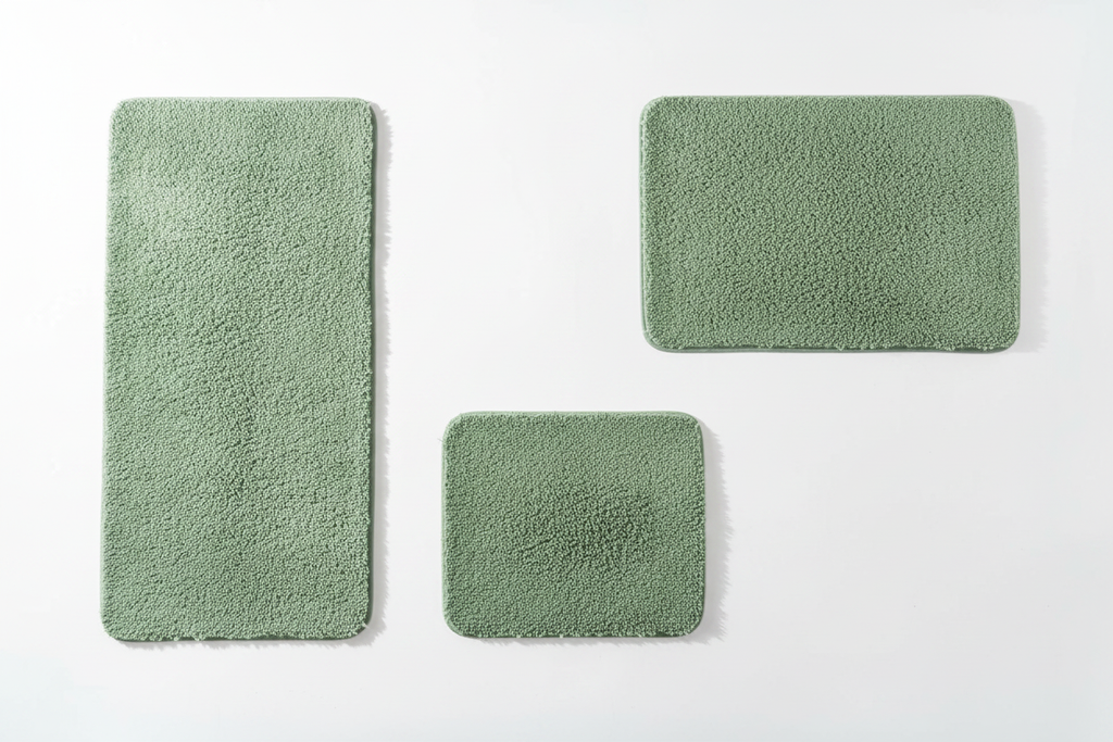 Sage green 3-piece bath rug and runner set flat lay showing all three pieces