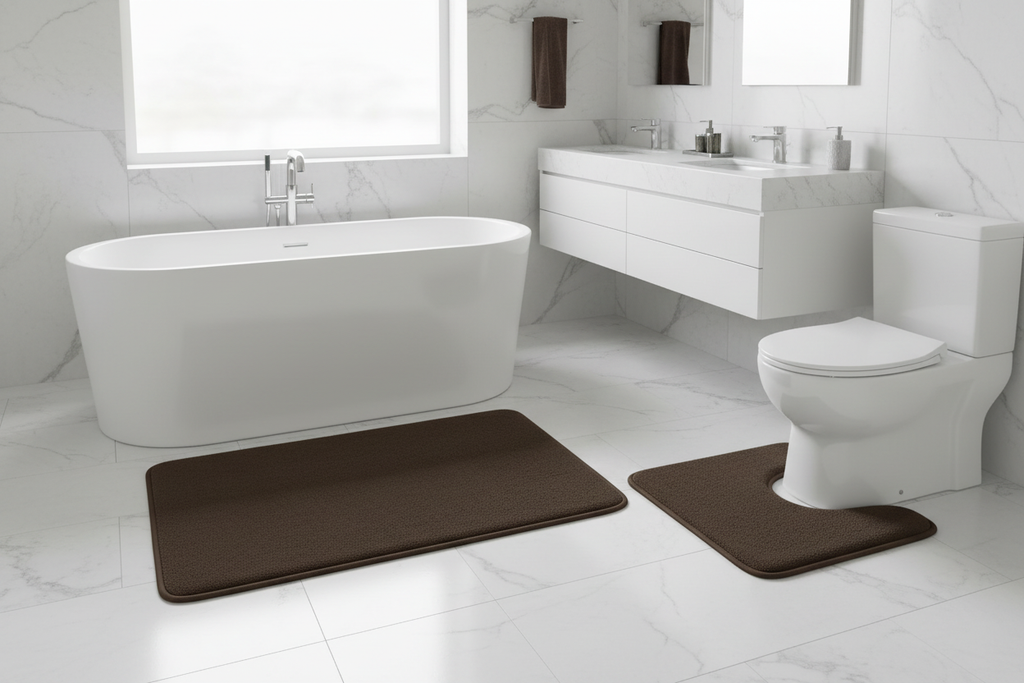 Brown memory foam 3-piece bath rug set laid out in modern white bathroom