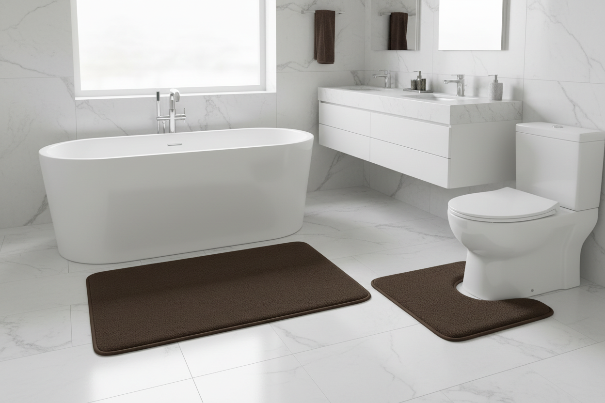 Brown memory foam 3-piece bath rug set laid out in modern white bathroom