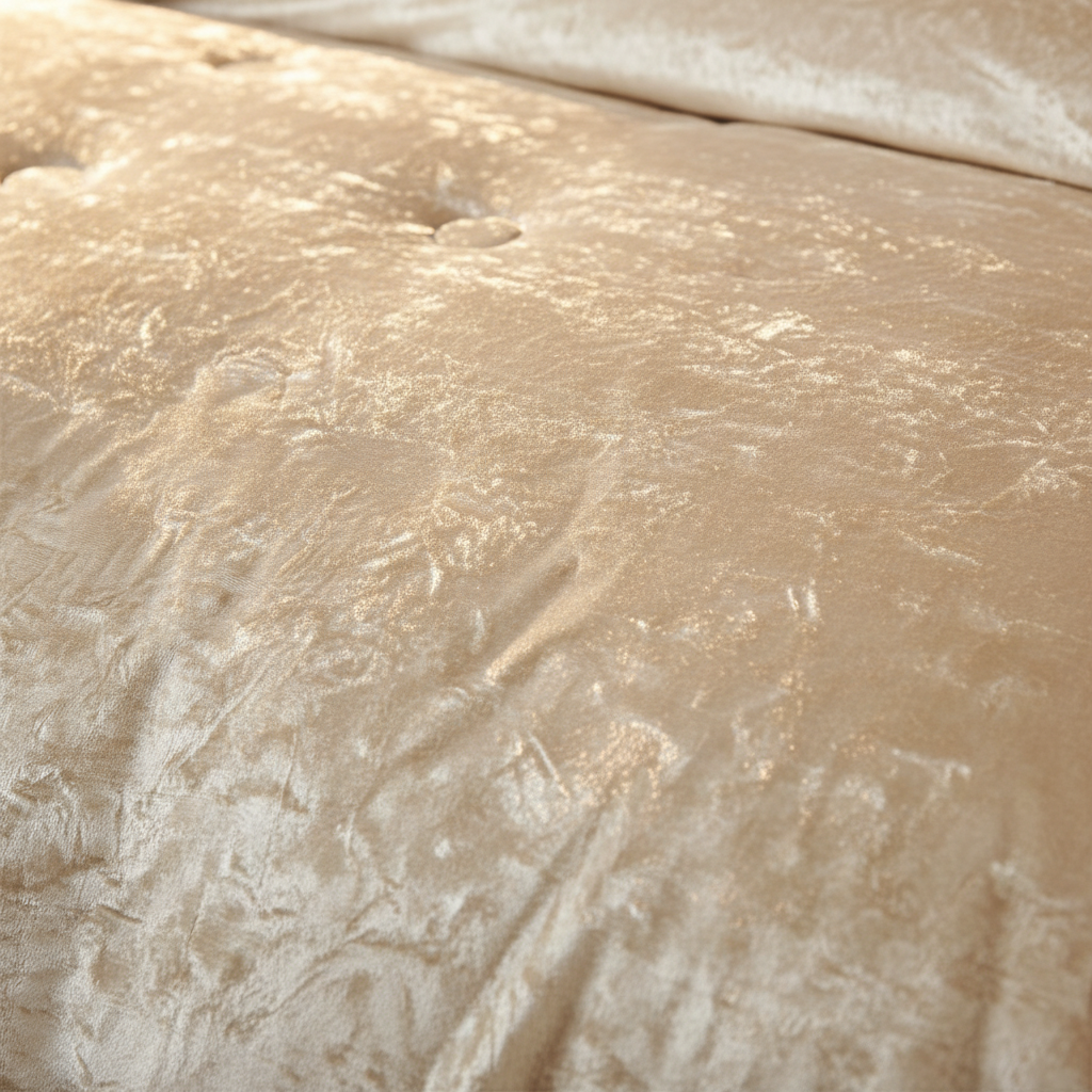 Close-up macro shot of champagne crushed velvet fabric texture showing depth and softness