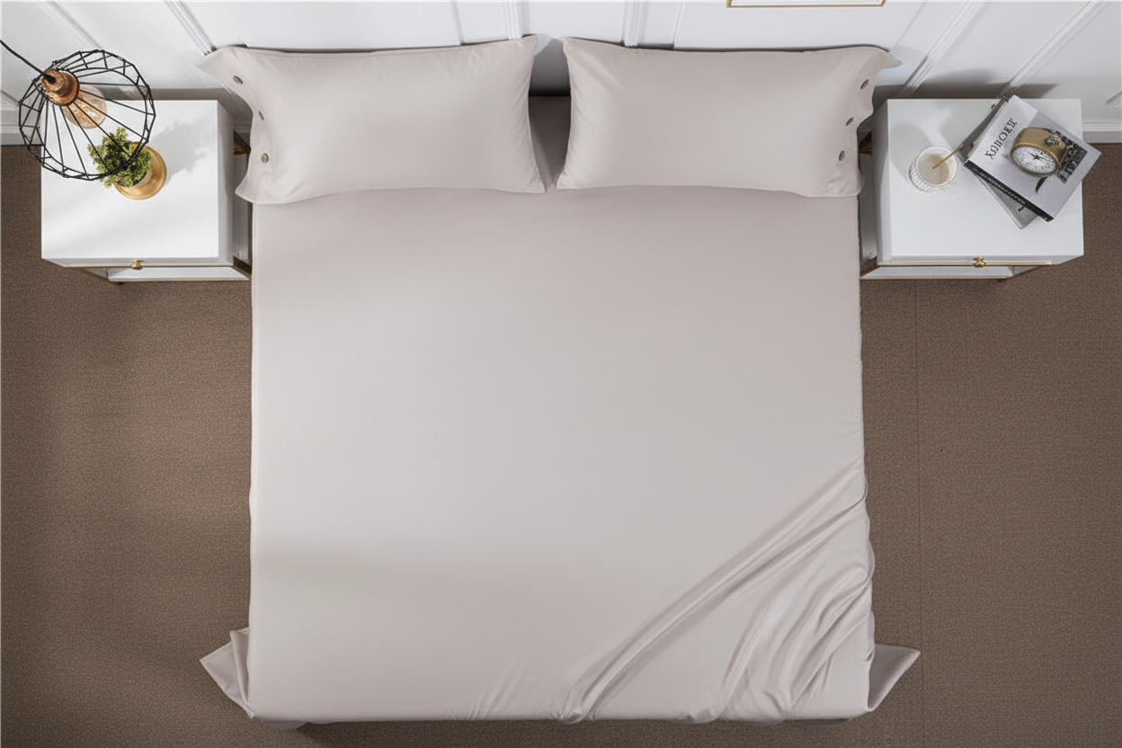 Top-down aerial view of cotton satin bed sheet on super king bed