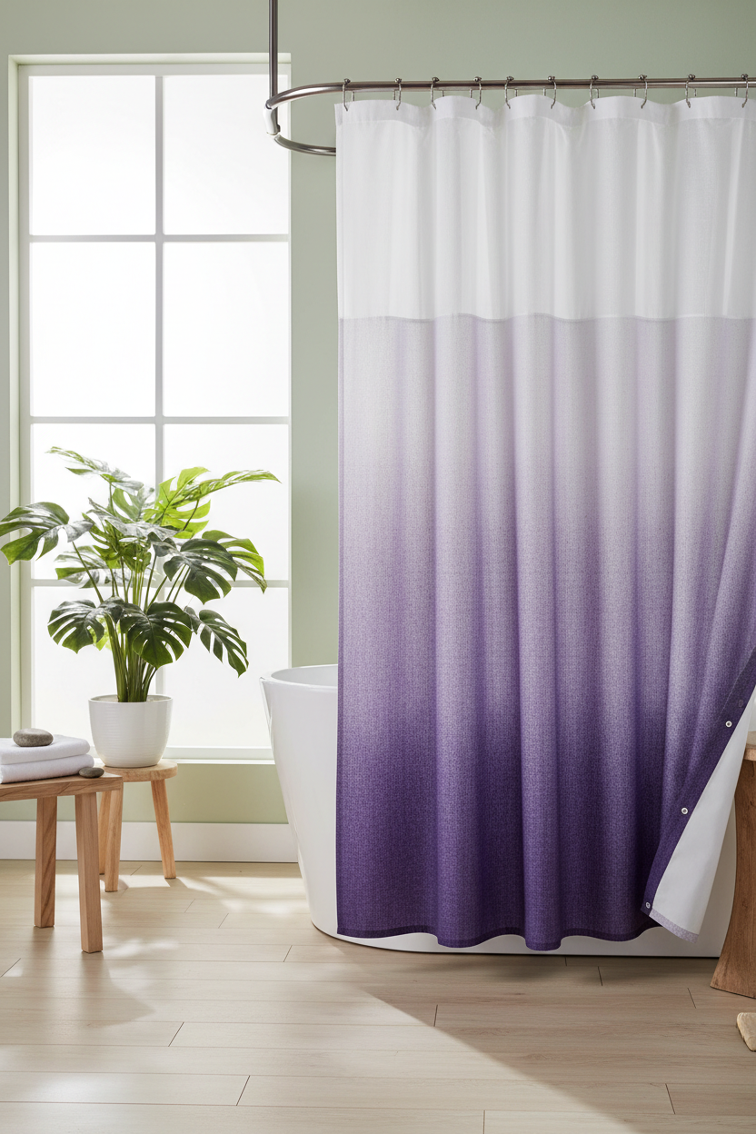 Purple ombre waffle shower curtain with corner folded back to reveal snap-in waterproof liner in a spa-inspired bathroom