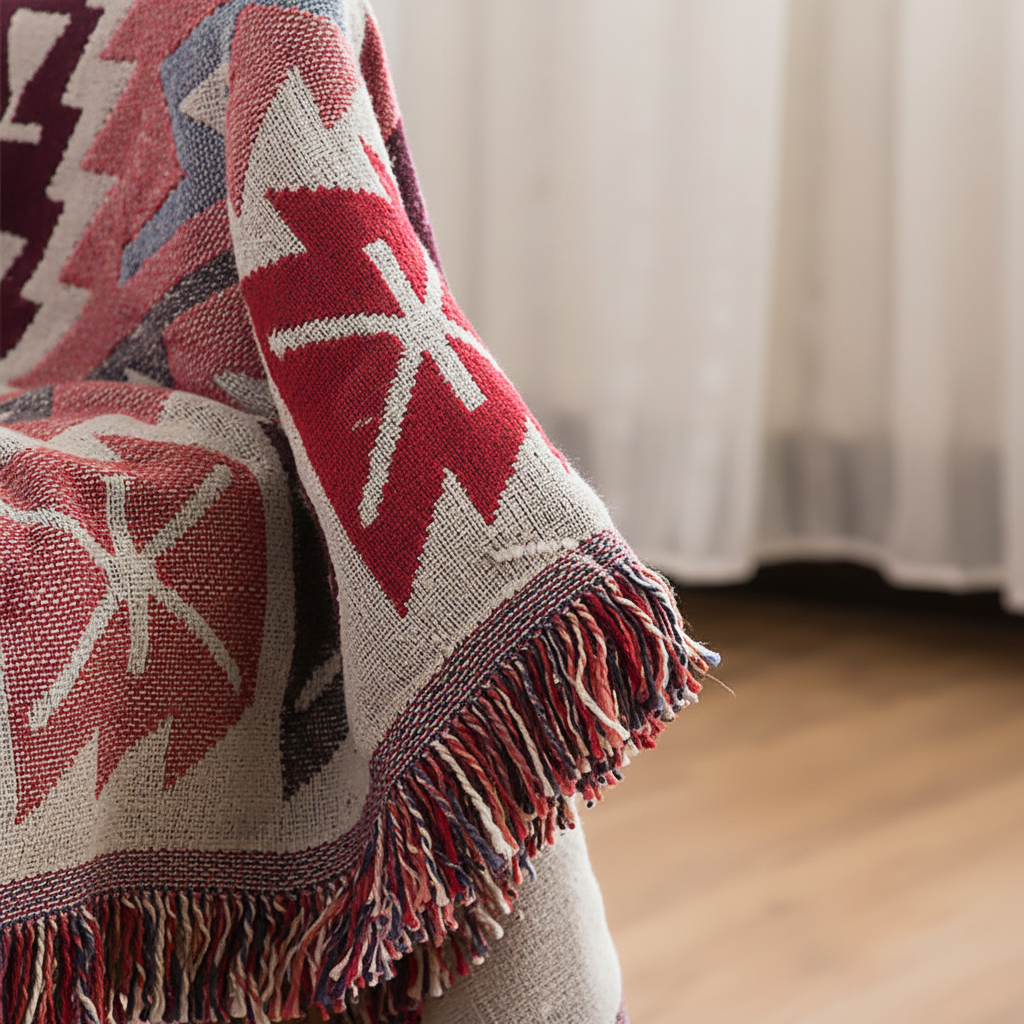 Close-up of Sturag Nordic Knitted Throw Blanket showing geometric star pattern and colourful fringe detail