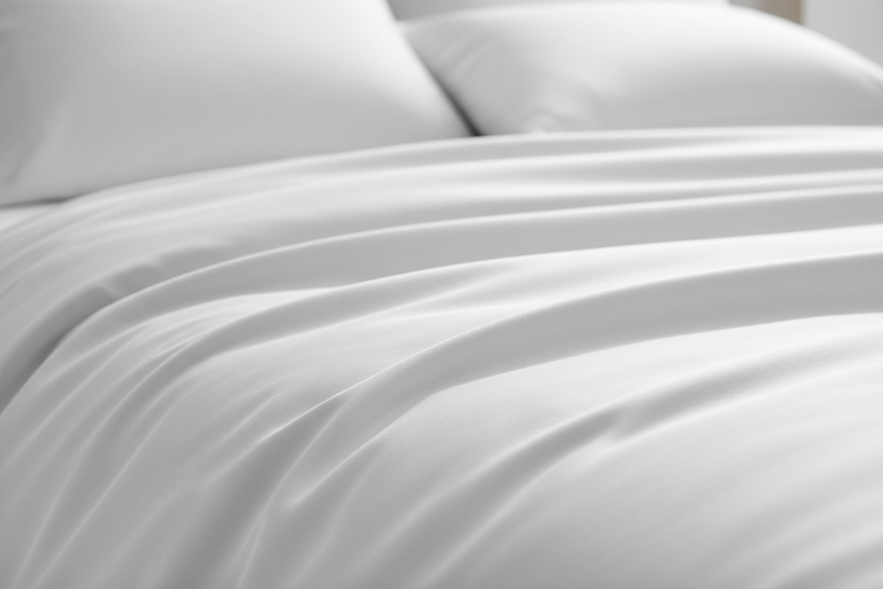White 1500 thread count Egyptian cotton sateen sheet close-up fabric texture detail