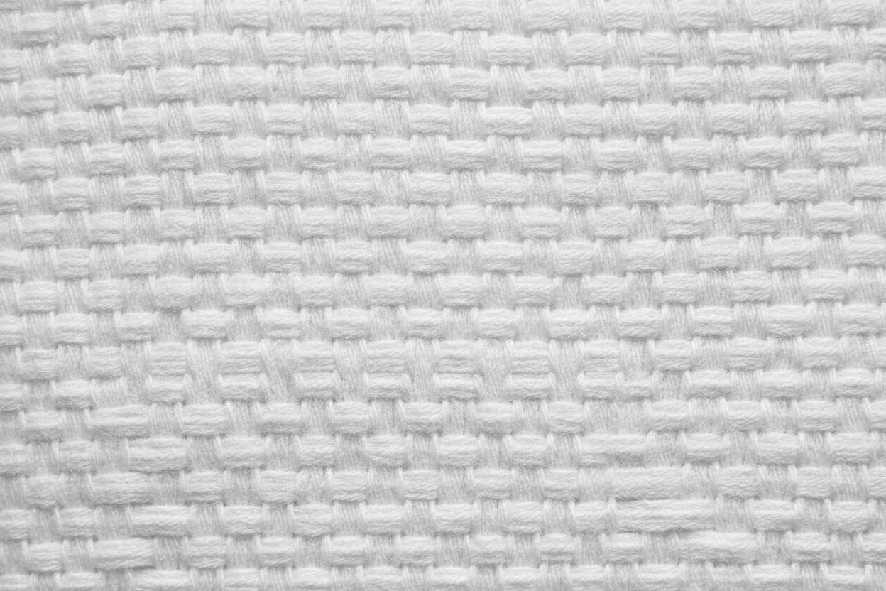 Close-up of white organic cotton percale fabric texture