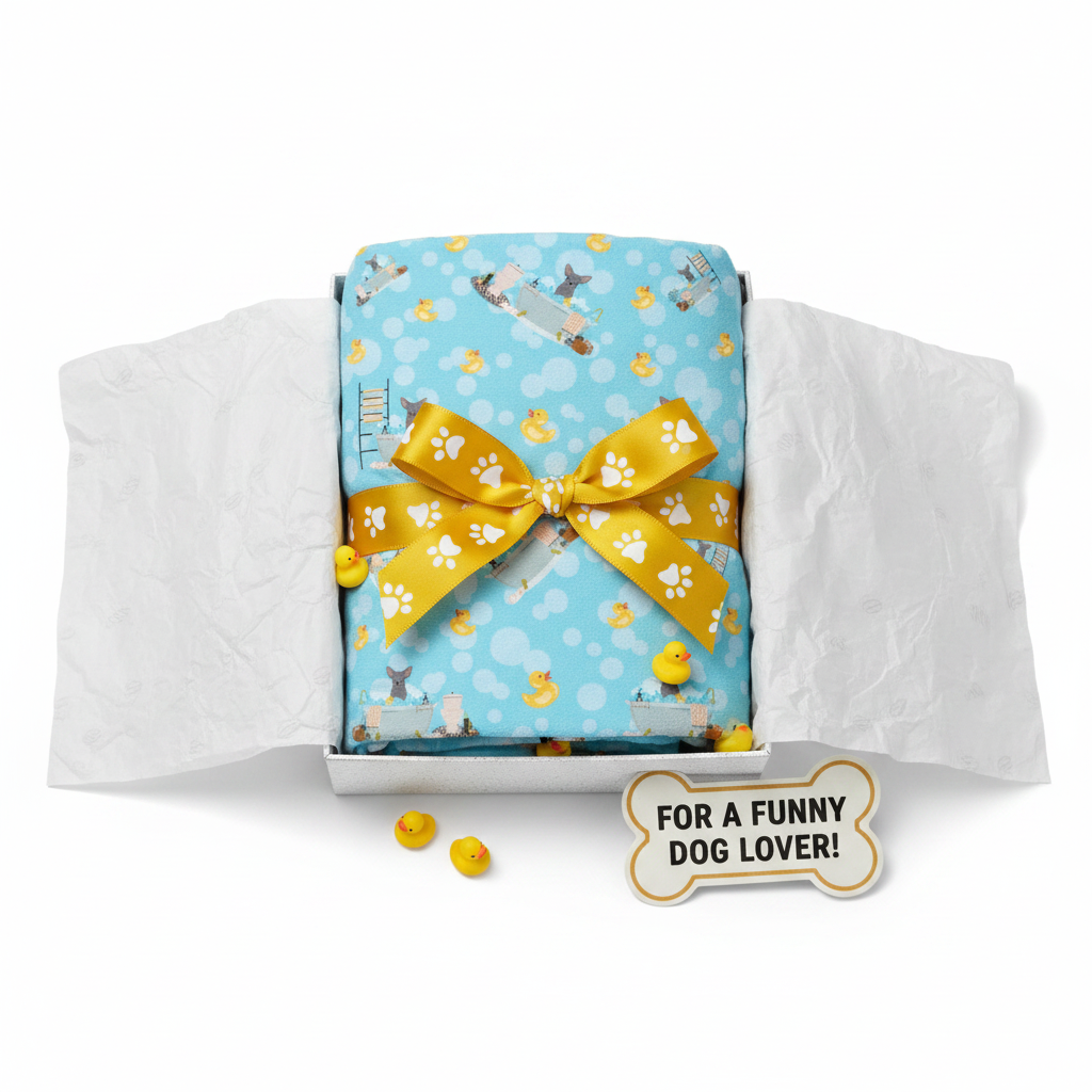 Blue Chihuahua bath towel presented as a gift in a box