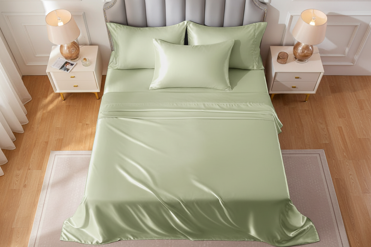 Sage satin sheet set overhead flat lay view