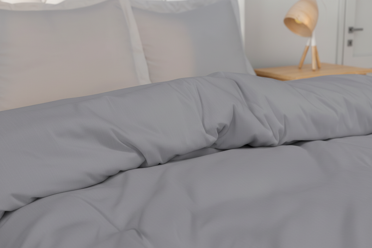 Detail of silver grey duvet cover pillowcase showing smooth brushed microfibre and clean edge finish