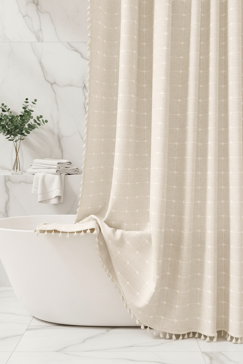 Boho striped shower curtain in spa luxury marble bathroom