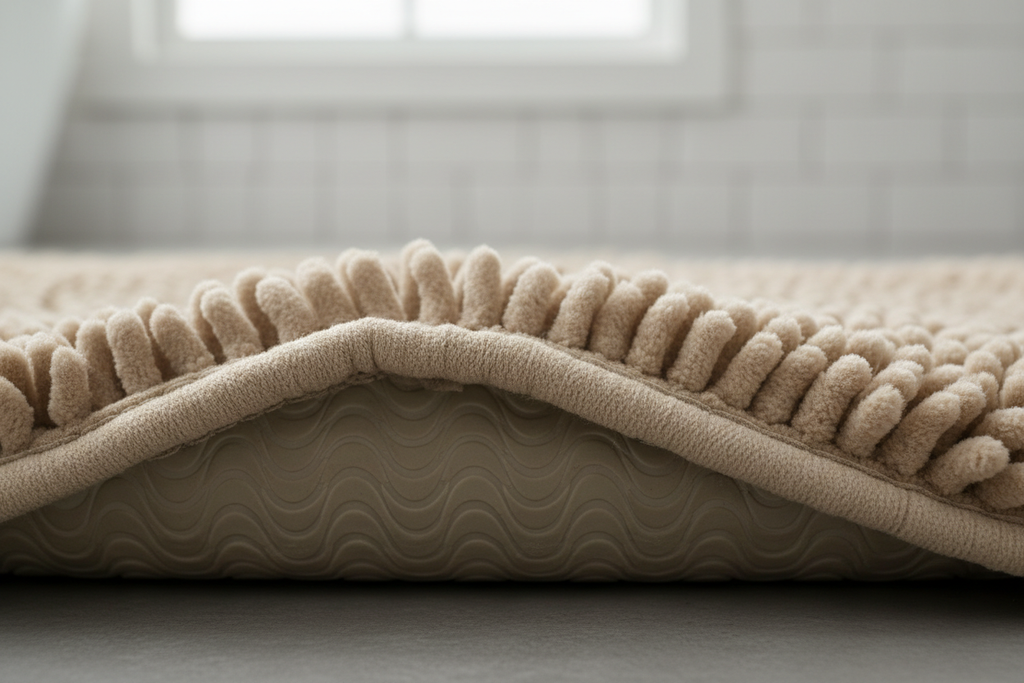Beige microfiber bath mat close-up showing plush pile texture and non-slip backing