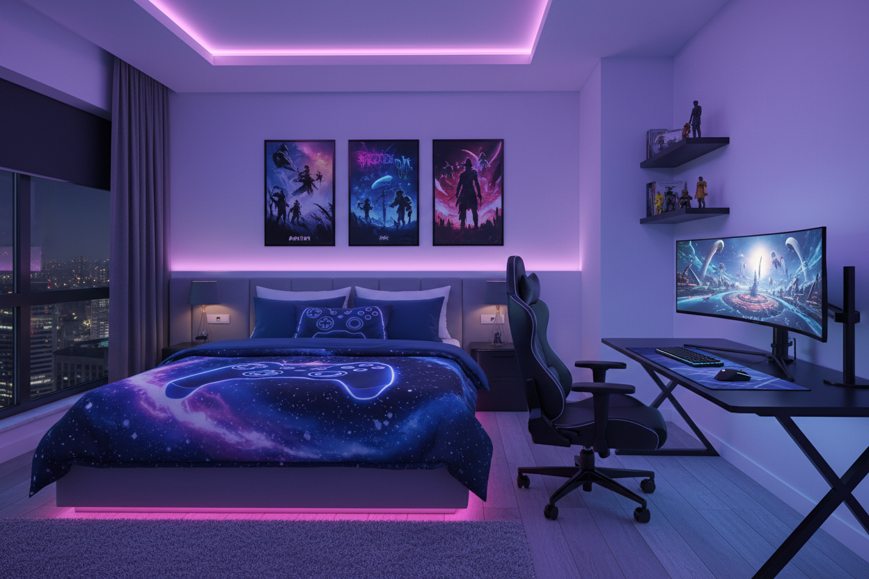 Modern gaming bedroom with galaxy gamepad duvet cover set and RGB desk setup