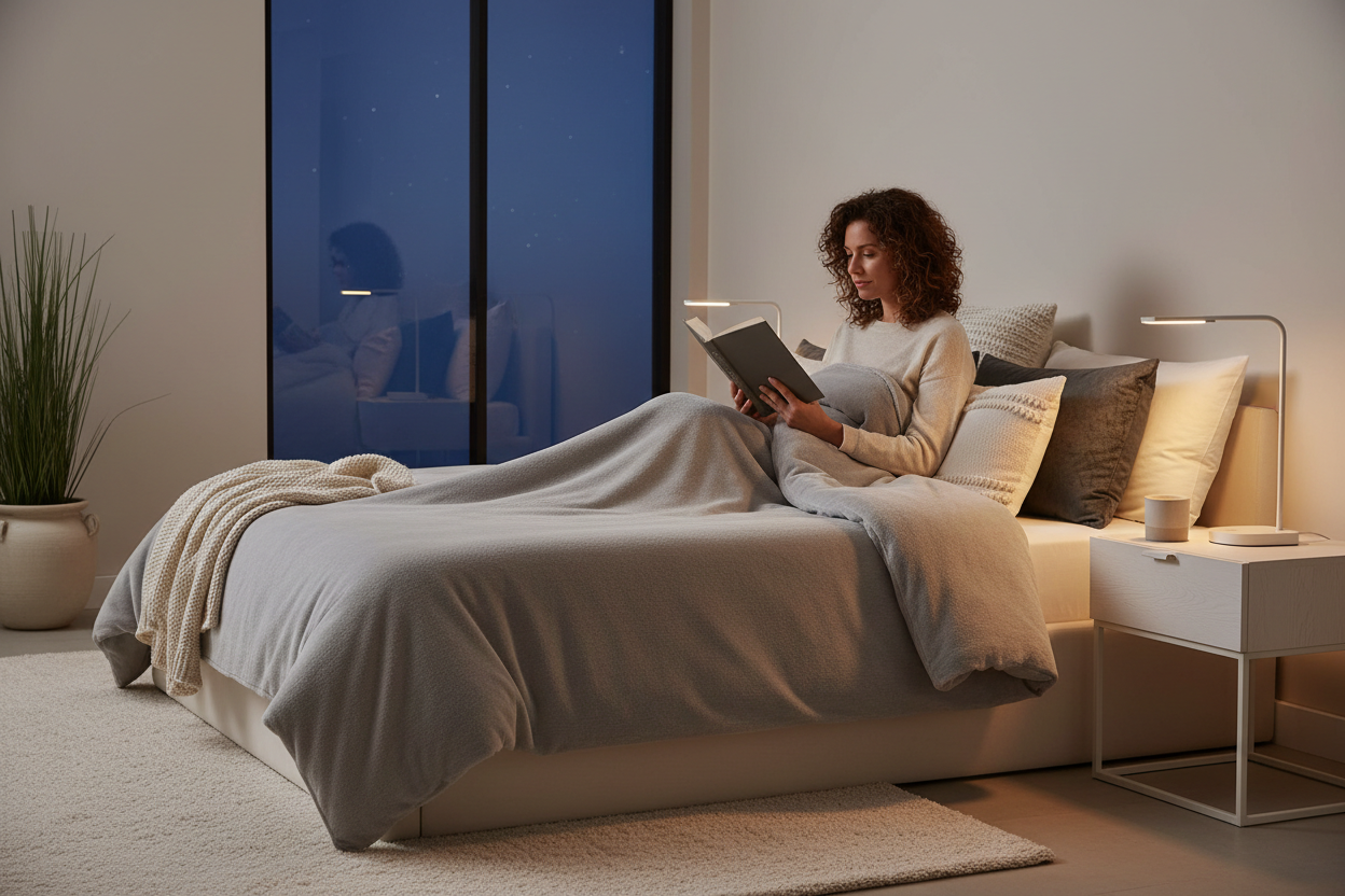 Woman sitting up in bed reading a book with light grey plush fleece sheets, warm bedside lamp