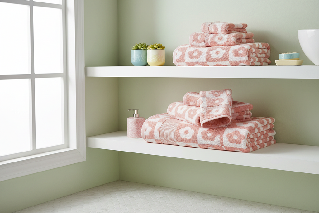 Pink checkerboard floral coral fleece 6-piece towel set stacked on a white bathroom shelf