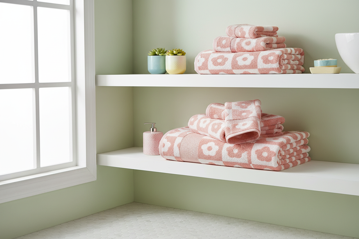 Pink checkerboard floral coral fleece 6-piece towel set stacked on a white bathroom shelf