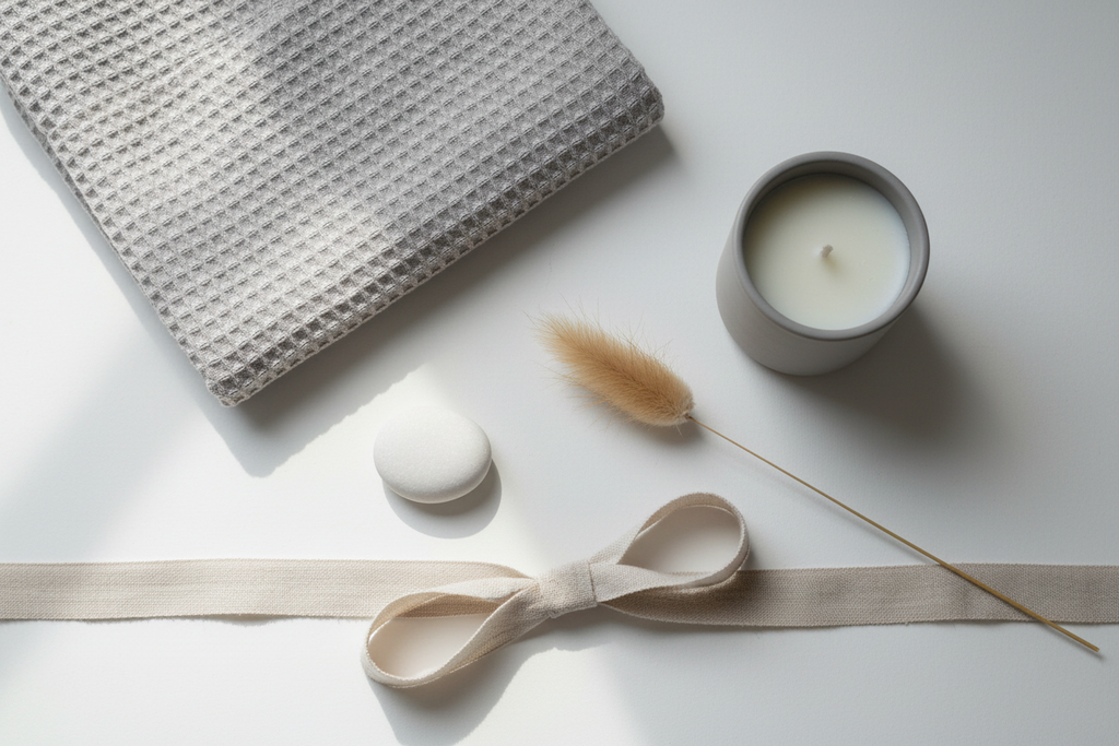 Flat lay of light grey waffle weave fabric with grey candle, pampas grass, white pebble and linen ribbon