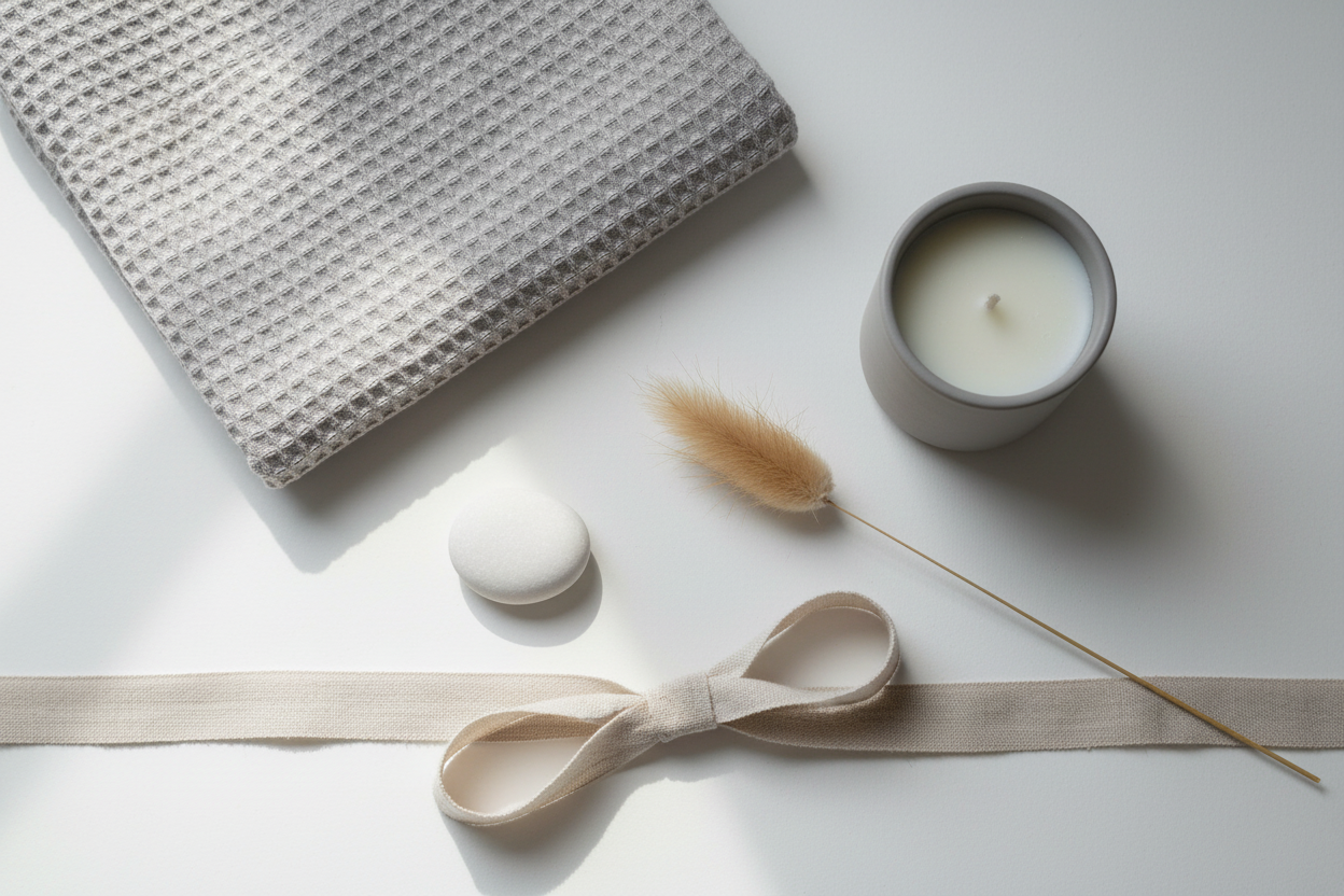 Flat lay of light grey waffle weave fabric with grey candle, pampas grass, white pebble and linen ribbon