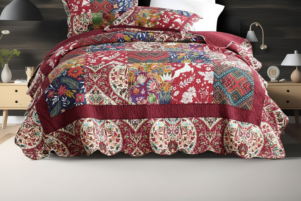 Foot-of-bed angle view of vintage floral patchwork quilt set with scalloped edges in a cosy warm bedroom