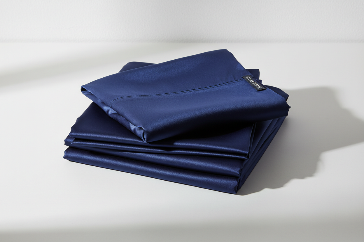 Navy blue satin sheet set neatly folded and stacked, flat lay product photography