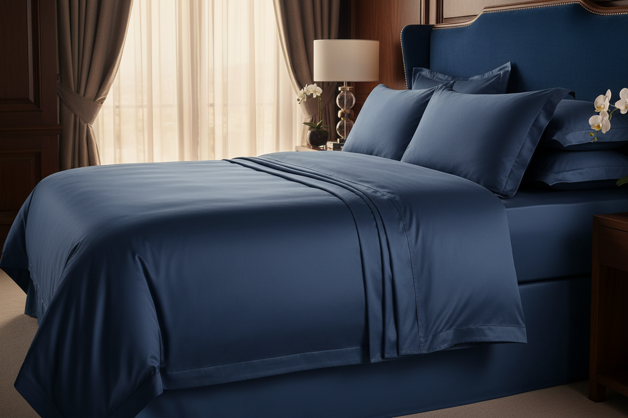 Navy blue Egyptian cotton sateen sheet set side angle showing fitted sheet corners