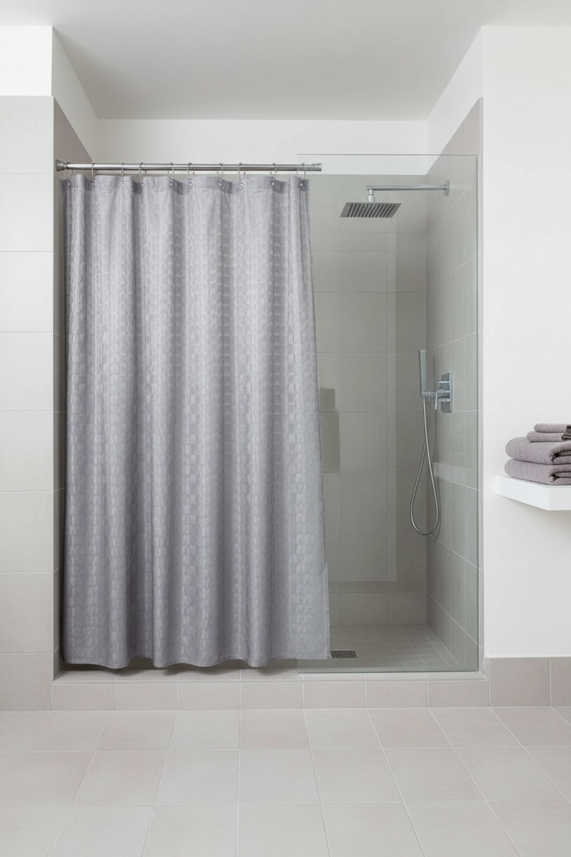 Crystal grey EVA shower curtain liner in contemporary hotel-style walk-in shower with large tiles and rain head