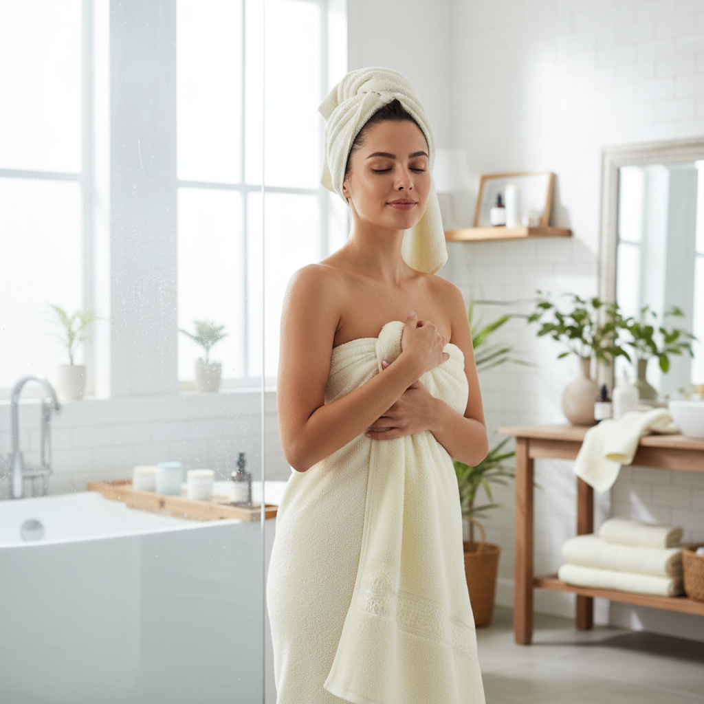 Woman wrapping in white cotton bath towel