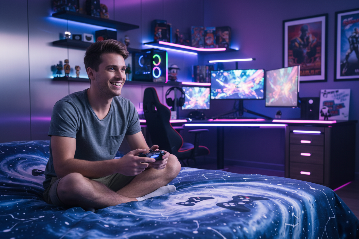 Young man sitting on a king bed with galaxy gamepad duvet cover holding a gaming controller