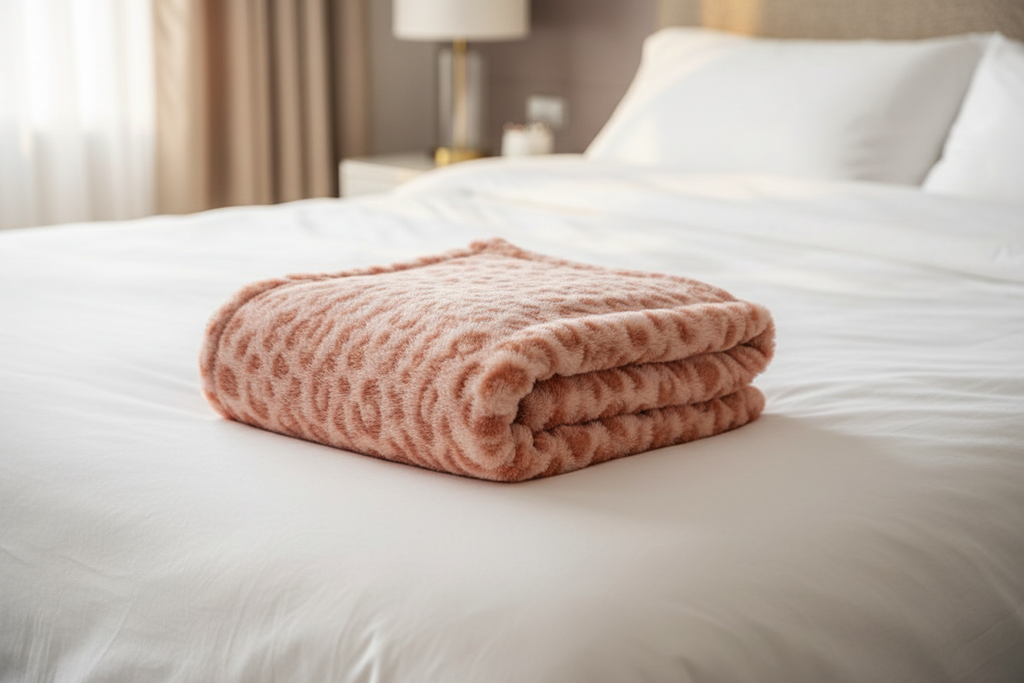 Close-up of blush pink leopard print fuzzy fleece throw blanket folded on a bed with white linen