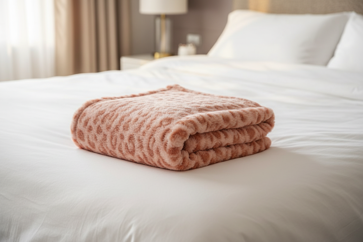 Close-up of blush pink leopard print fuzzy fleece throw blanket folded on a bed with white linen
