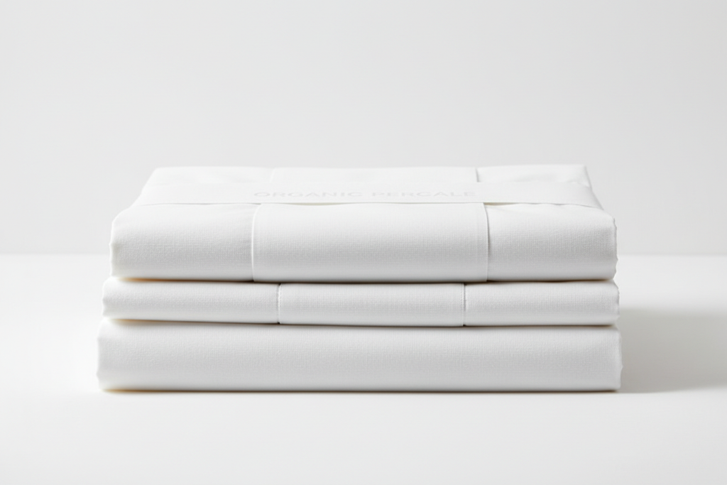 White organic cotton percale sheet set all 4 pieces folded and stacked