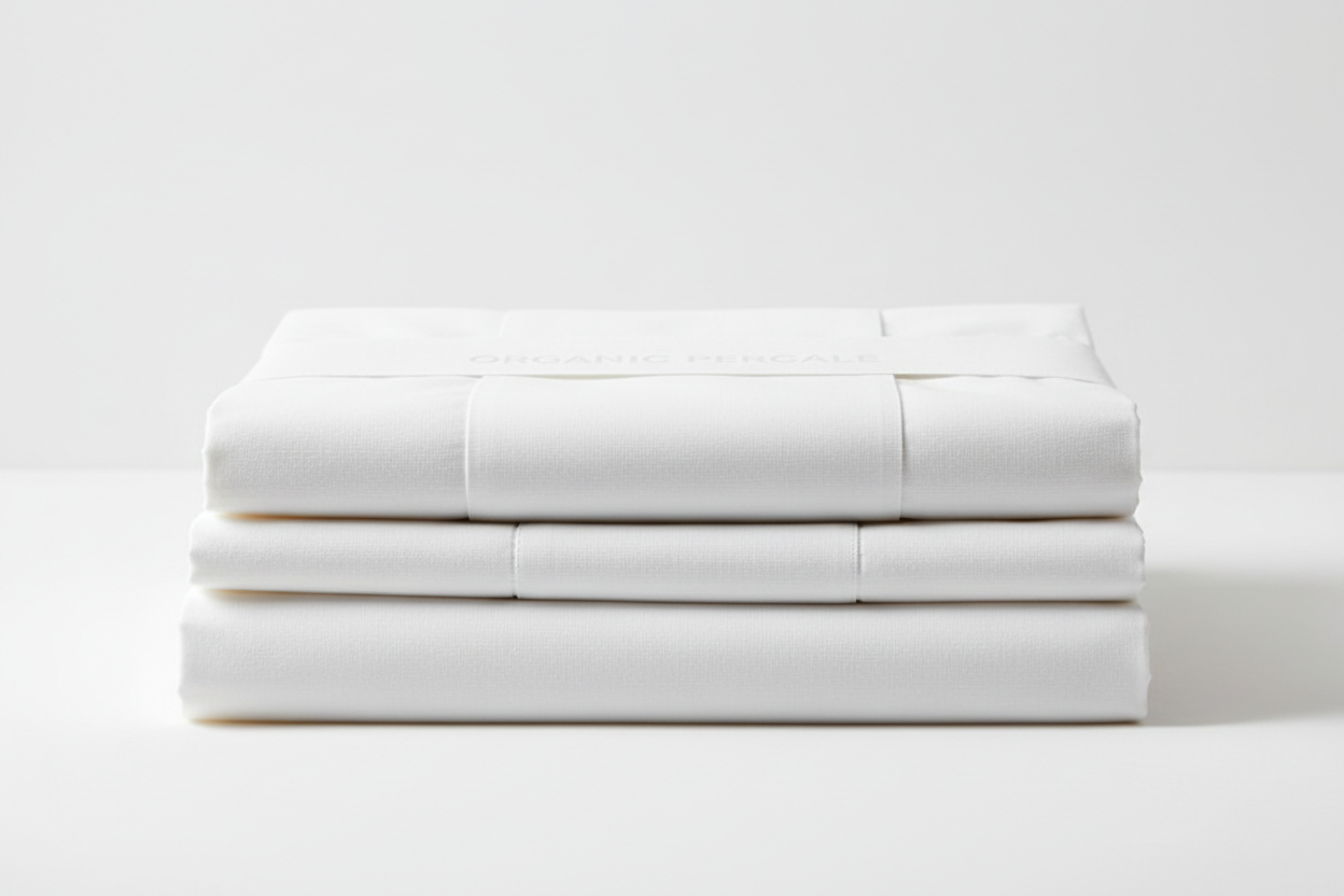 White organic cotton percale sheet set all 4 pieces folded and stacked