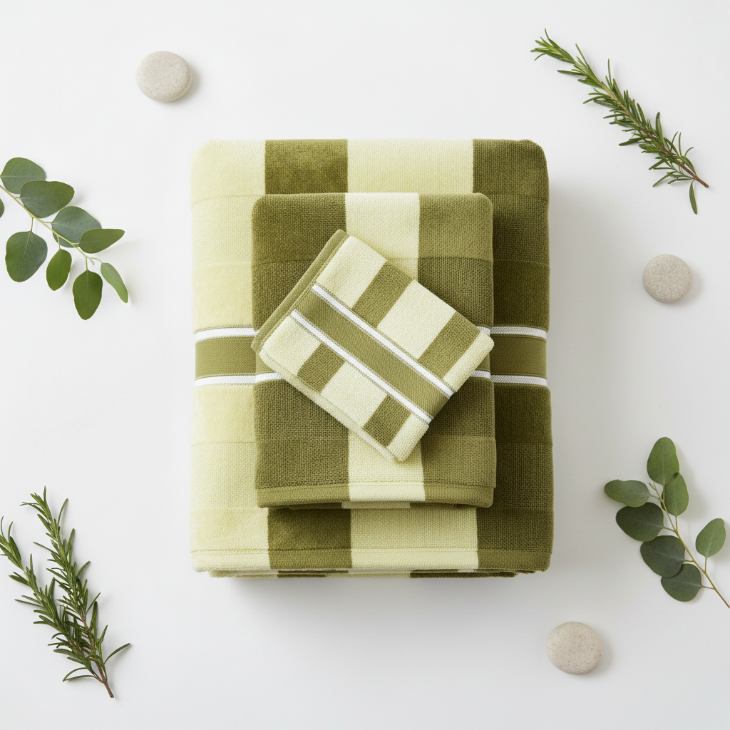 Green striped cotton velour towel set flat lay with plant sprigs and pebbles