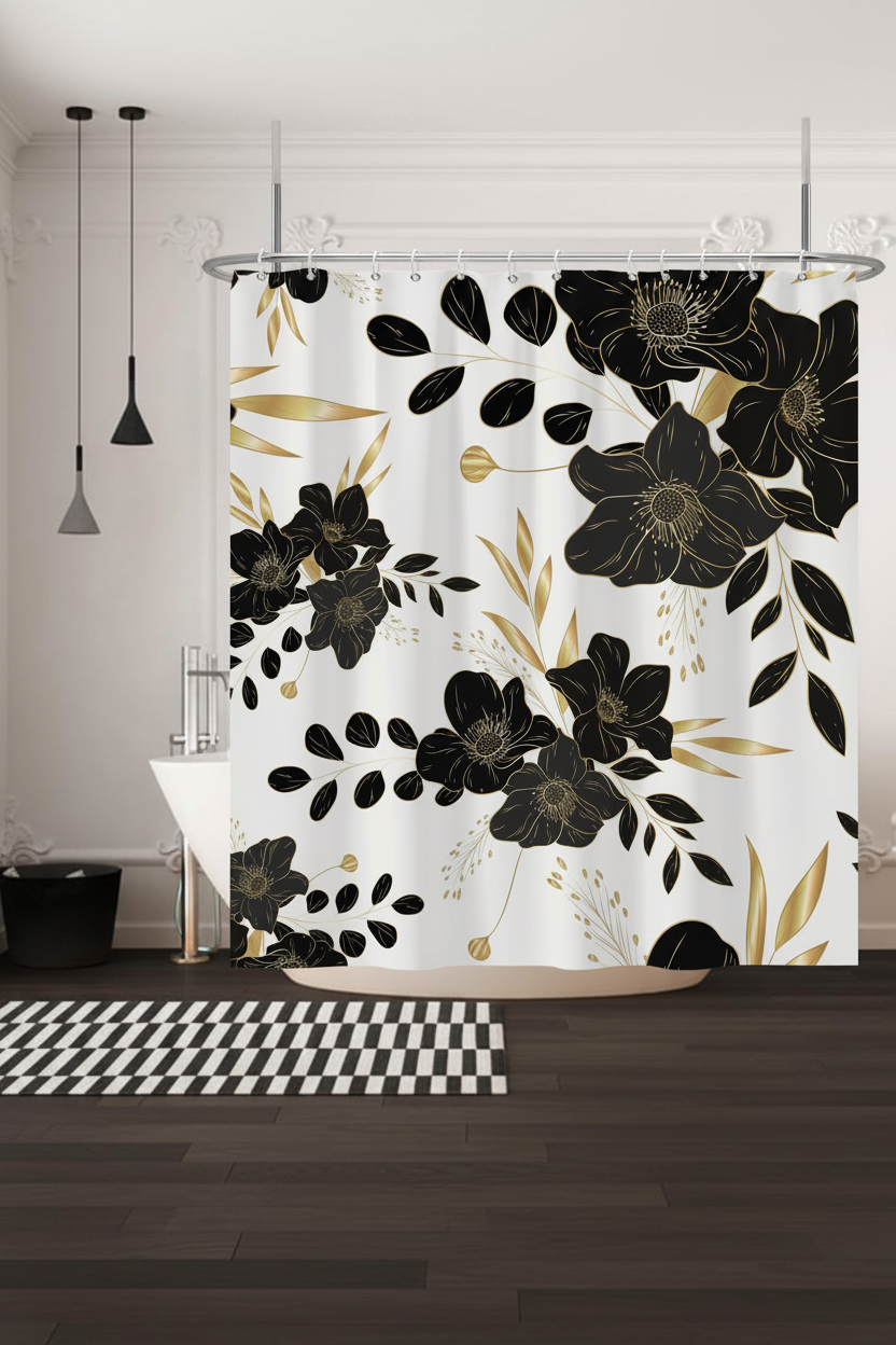 Black floral and gold leaf shower curtain hanging in elegant white bathroom