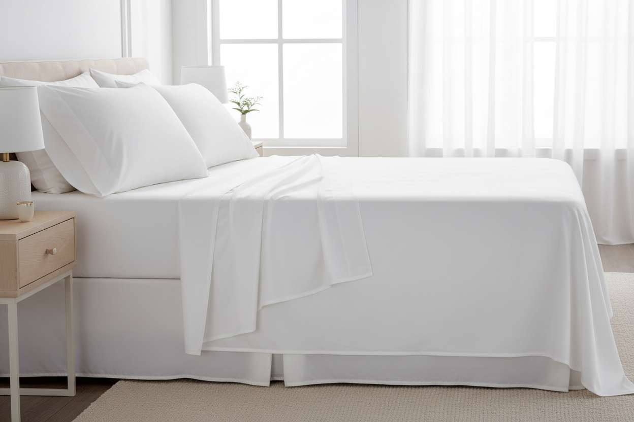 White cooling super king sheet set side lifestyle angle showing fitted sheet and pillowcases