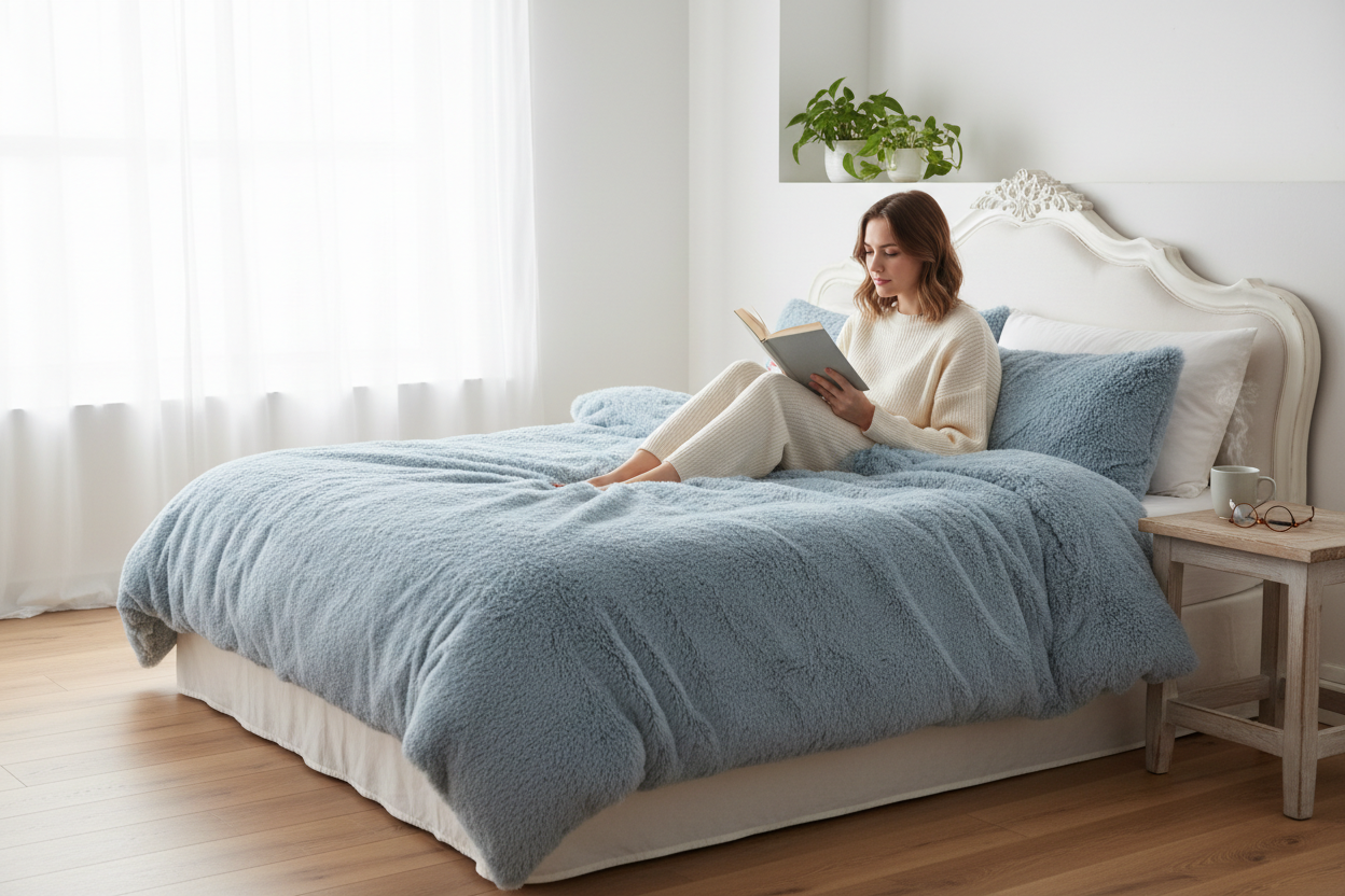 Y2K Plush Duvet Cover Set in Blue Grey - Lifestyle