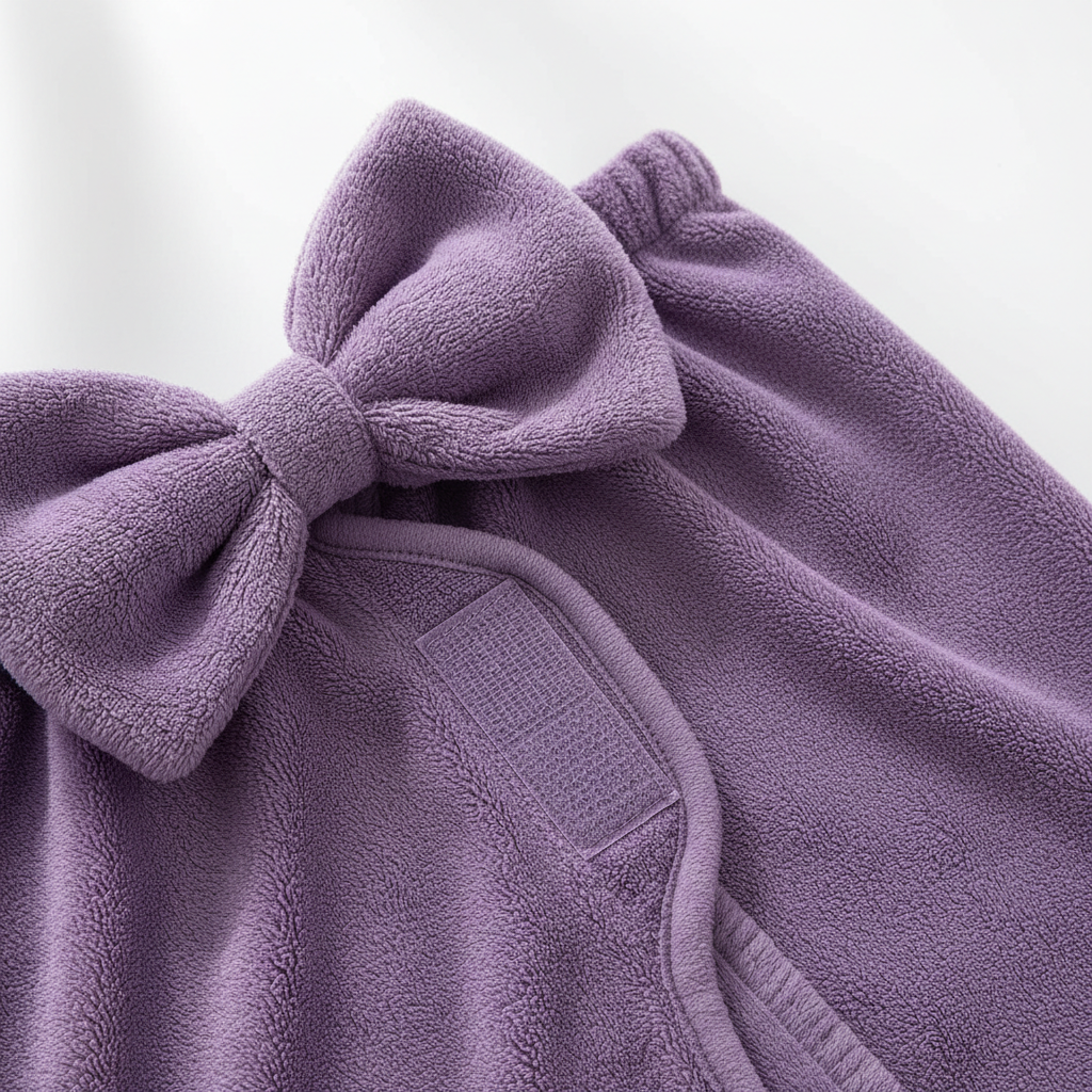 Close-up of decorative bow and hook-and-loop fastening on purple coral fleece body wrap towel